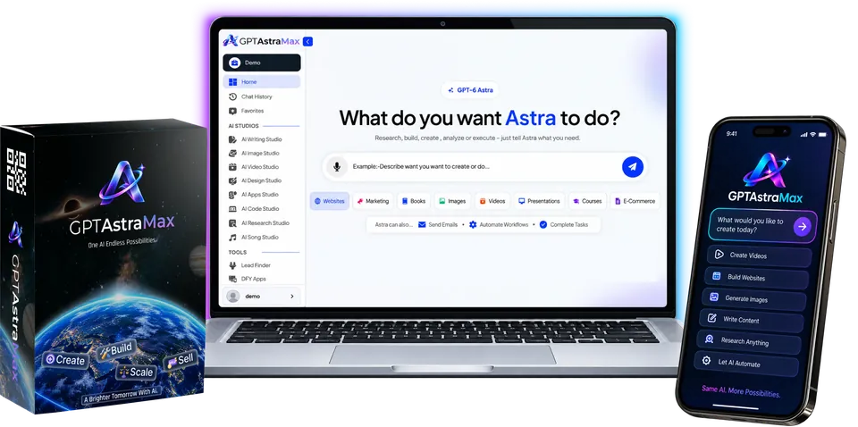 GPTAstra Max product interface shown on desktop, tablet, and mobile screens