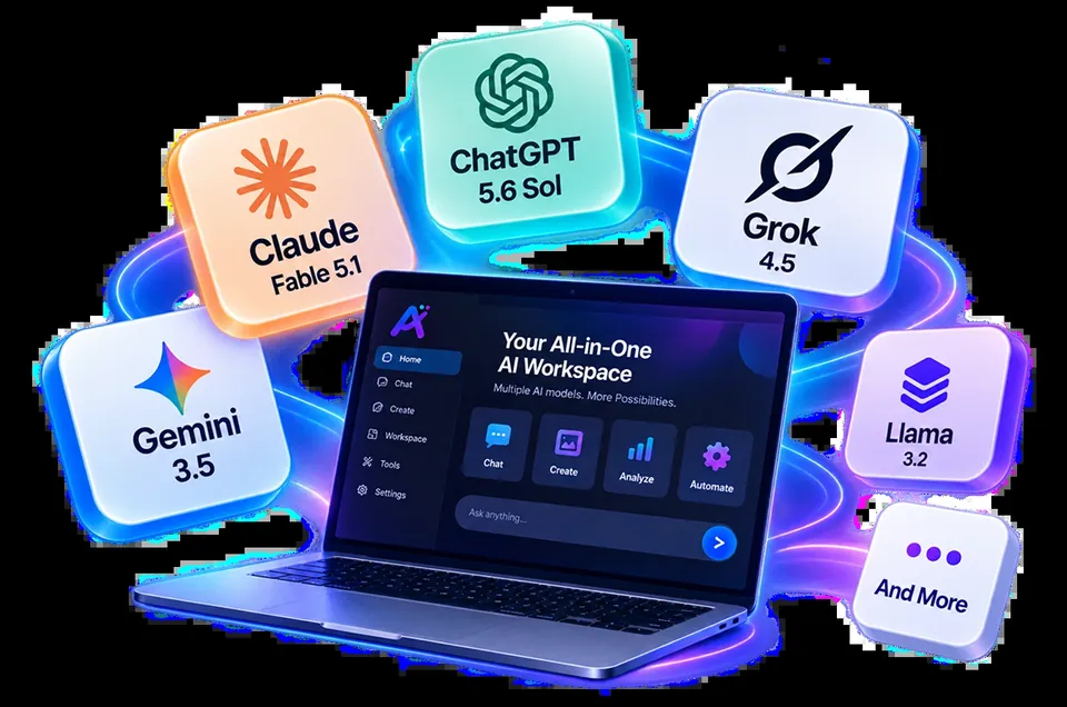GPTAstra Max presentation showing multiple AI model options around a central workspace