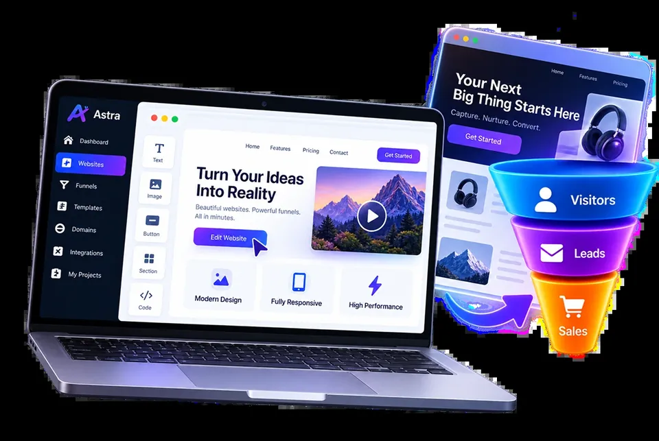 GPTAstra Max creative workspace displayed across desktop and laptop screens